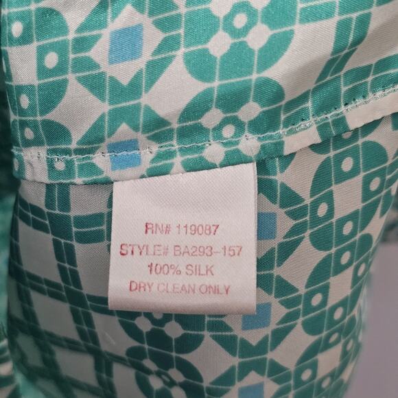 Geometric 100% Silk Tie Bow Blouse Green Size Medium Coquette Girly Feminine Y2K - Picture 4 of 6